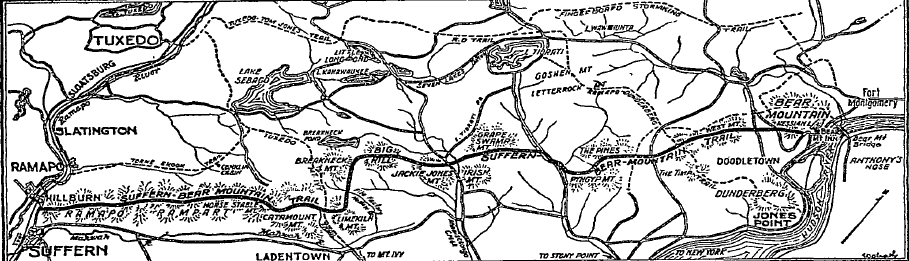 Black and white, hand drawn map of the Suffern-Bear Mountain trail. The trail is 24 miles long.