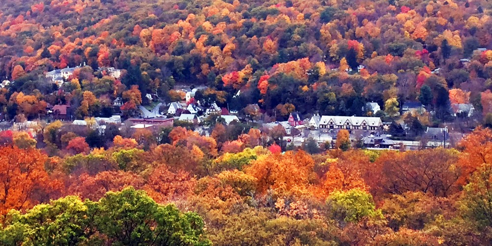 Brightly colored autumn leaves in Tuxedo, New York, seen from Harriman State Park.