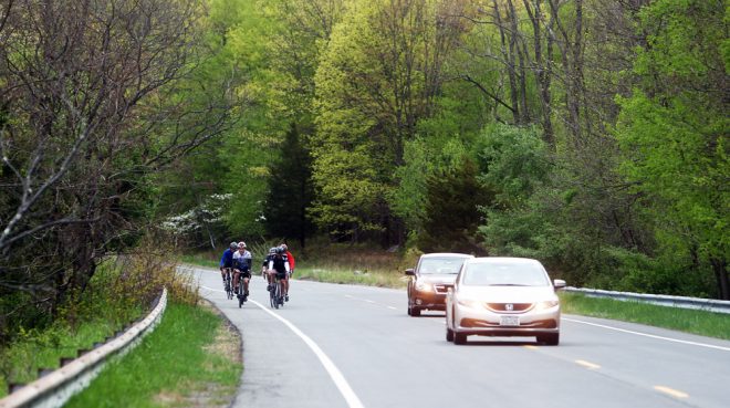 Cyclists share Seven Lakes Drive in Harriman State Park with autos. The shoulder is in most parts ample enough to ride comfortably, but take it slow on the curves of Route 106 East, from Kannawauke Circle.