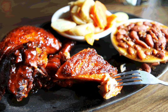 The smoked-then-fried chicken at Fink's BBQ, right at the trailhead in Suffern. Mine was done just right.